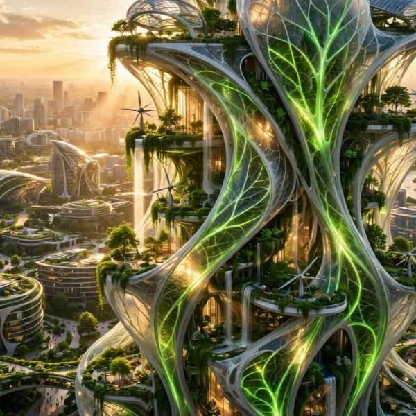 futuristički organski neboder — žive biomorfne materijale meta ai foto (1)