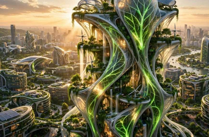 futuristički organski neboder — žive biomorfne materijale meta ai foto (1)