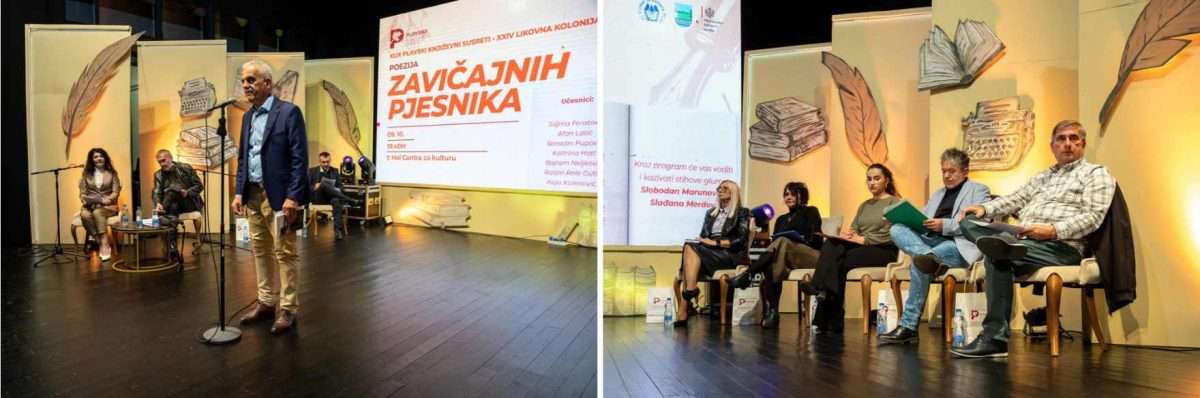 lijevo kazivanje poezije tokom večeri zavičajnih pjesnika senadin pupović. desno učesnici programa na sceni centra za kulturu „husein bašić“. plav, 9. oktobar 2026.