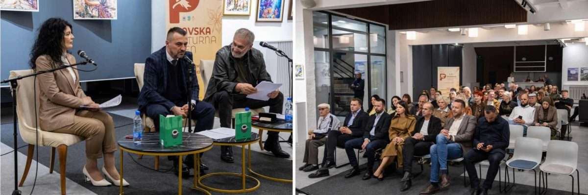 lijevo razgovor o zbirci priča „autograf“ afana latića. desno publika na promociji u holu centra za kulturu „husein bašić“. plav, 9. oktobar 2026.
