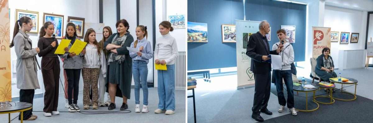 lijevo učenice tokom čitanja pripremljenih tekstova. desno obraćanje učenika na književnom susretu „riječ koja raste“. centar za kulturu „husein bašić“, plav, 9. oktobar 2026.