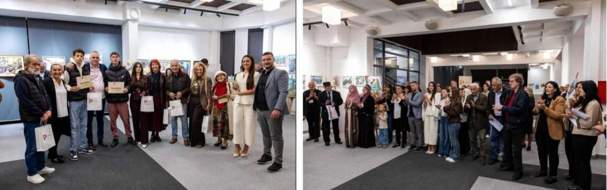 lijevo zajednička fotografija učesnika i gostiju likovne kolonije „plavsko jezero“. desno okupljeni tokom programa u galeriji centra za kulturu „husein bašić“. plav, oktobar 2026.