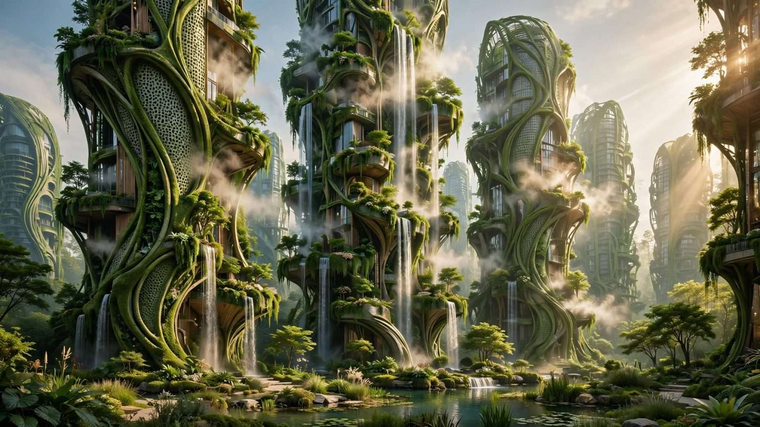neboderi šume koji doslovno dišu, s biomorfnim klorofilnim fasadama, visećim vrtovima i vertikalnim slapovima meta ai foto