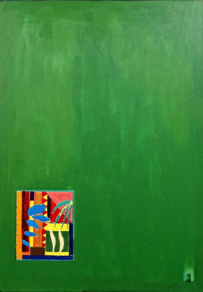 nevena Živić finis cornat opus, kombinirana tehnika akrilne boje i ručni vez koncem na platnu, 70x50 cm, 2025.