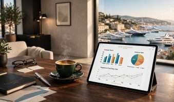 premium tablet s design chartovima, keramički espresso i srebrna nalivpera na tamnom drvu meta ai foto