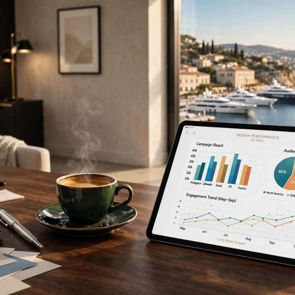 premium tablet s design chartovima, keramički espresso i srebrna nalivpera na tamnom drvu meta ai foto