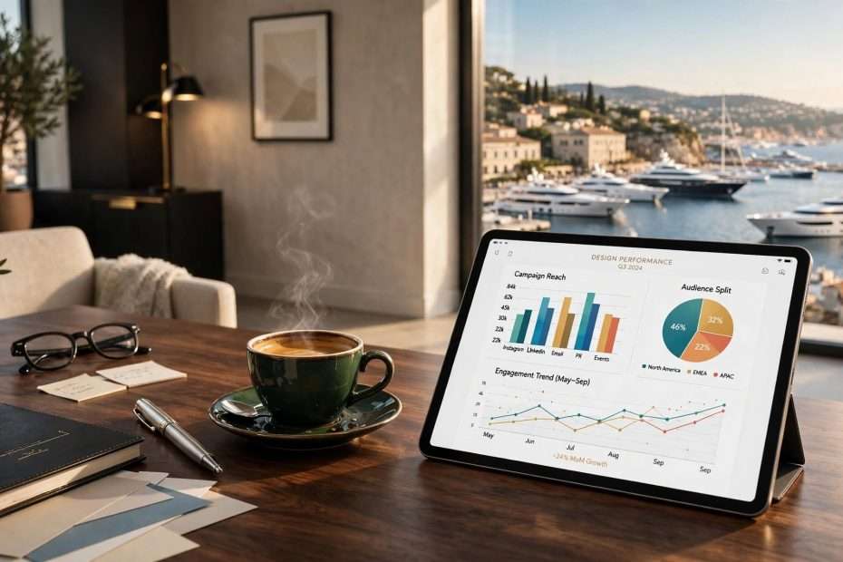 premium tablet s design chartovima, keramički espresso i srebrna nalivpera na tamnom drvu meta ai foto