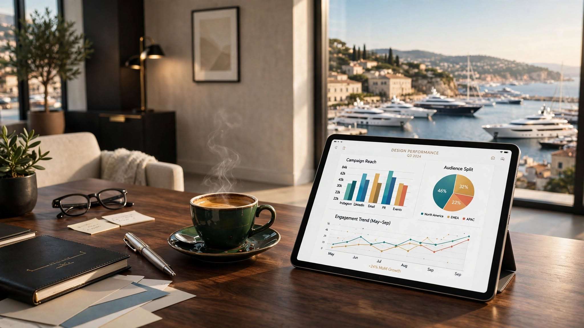 premium tablet s design chartovima, keramički espresso i srebrna nalivpera na tamnom drvu meta ai foto