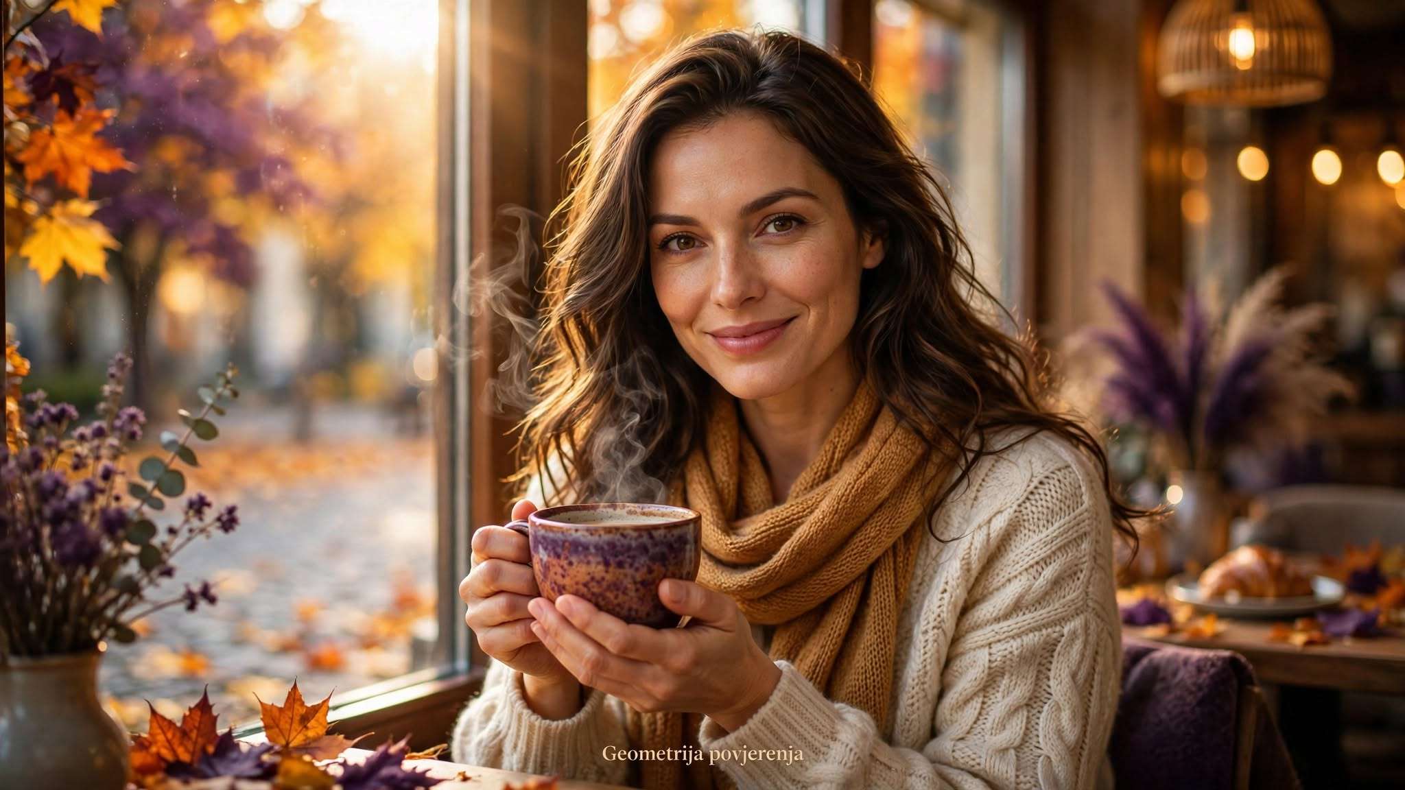 sofisticirana brineta u jantarnom šalu u sunčanom jesenskom kafiću meta ai foto