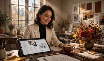sofisticirana dama u elegantnom pariškom ateljeu, na tamnom drvenom stolu high tech tablet s geometrijskim modnim i arhitektonskim skicama meta ai foto