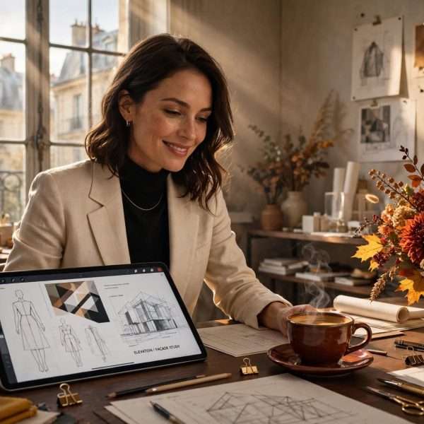 sofisticirana dama u elegantnom pariškom ateljeu, na tamnom drvenom stolu high tech tablet s geometrijskim modnim i arhitektonskim skicama meta ai foto