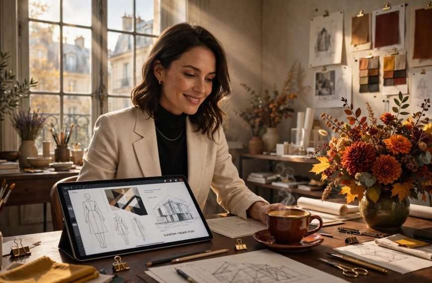 sofisticirana dama u elegantnom pariškom ateljeu, na tamnom drvenom stolu high tech tablet s geometrijskim modnim i arhitektonskim skicama meta ai foto