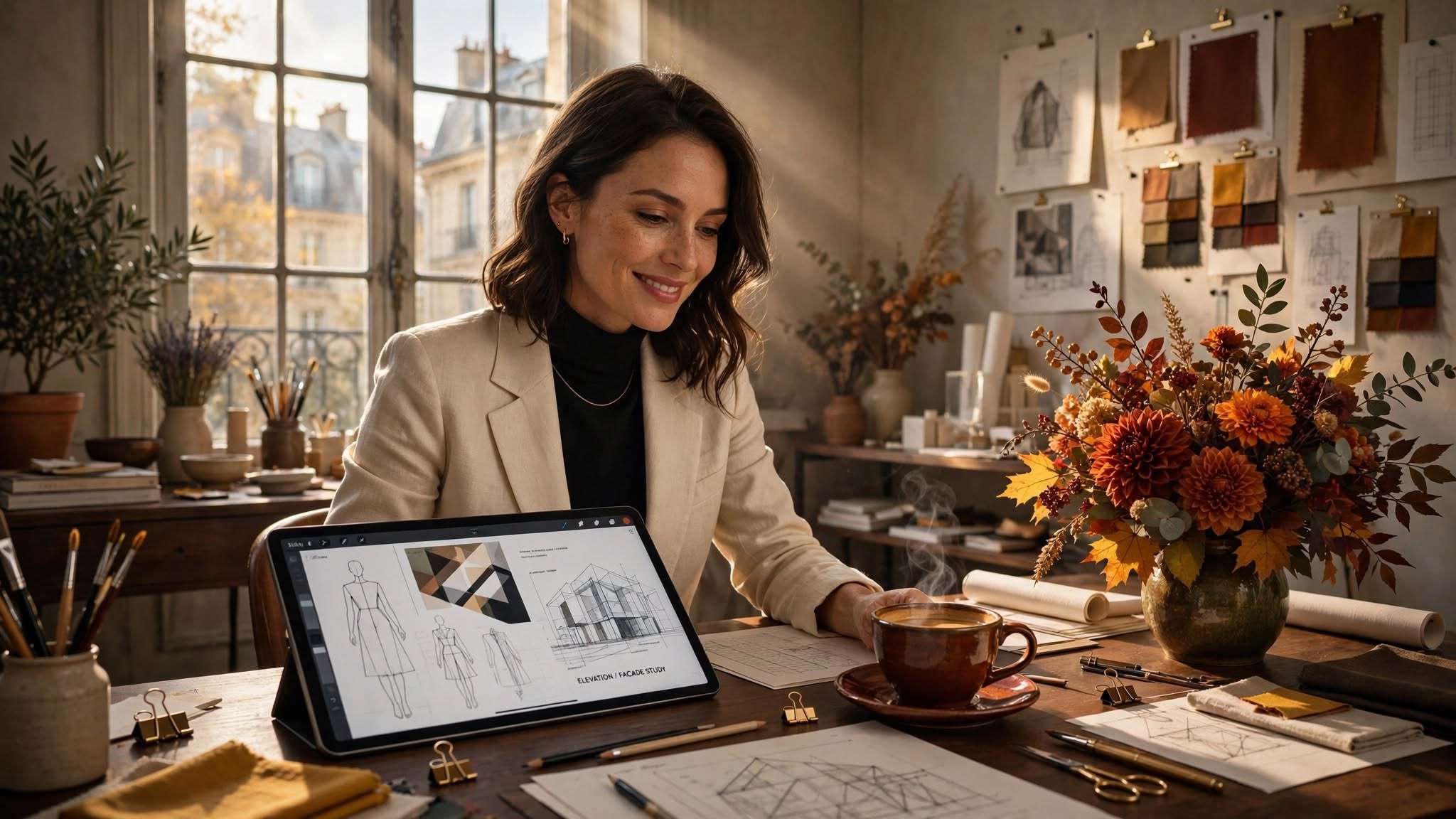 sofisticirana dama u elegantnom pariškom ateljeu, na tamnom drvenom stolu high tech tablet s geometrijskim modnim i arhitektonskim skicama meta ai foto
