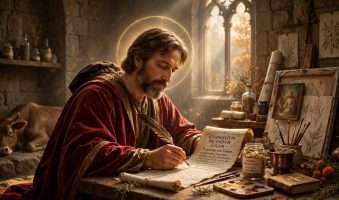 sveti luka u kamenom ateljeu, pero nad svitkom evangelium secundum lucam, ljekovito bilje, kistovi i blagi aureol meta ai foto
