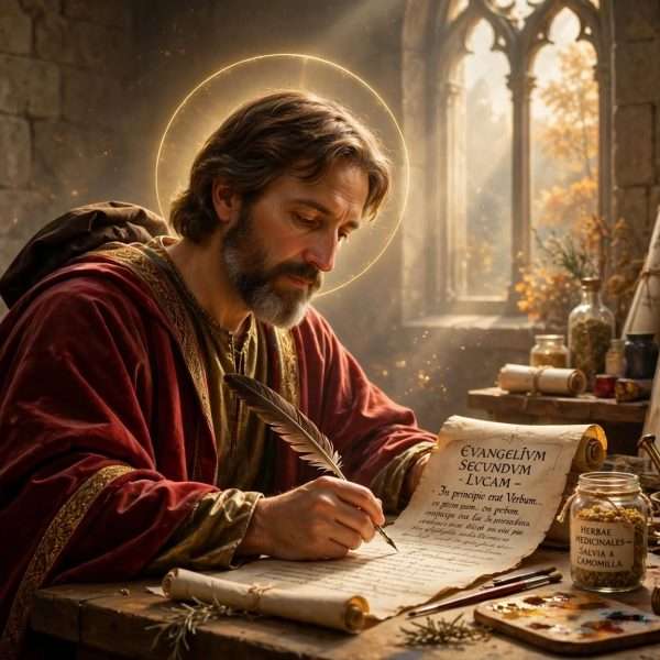 sveti luka u kamenom ateljeu, pero nad svitkom evangelium secundum lucam, ljekovito bilje, kistovi i blagi aureol meta ai foto