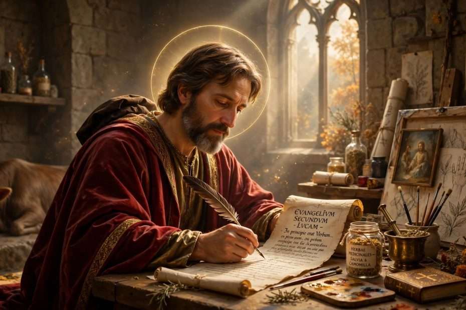 sveti luka u kamenom ateljeu, pero nad svitkom evangelium secundum lucam, ljekovito bilje, kistovi i blagi aureol meta ai foto