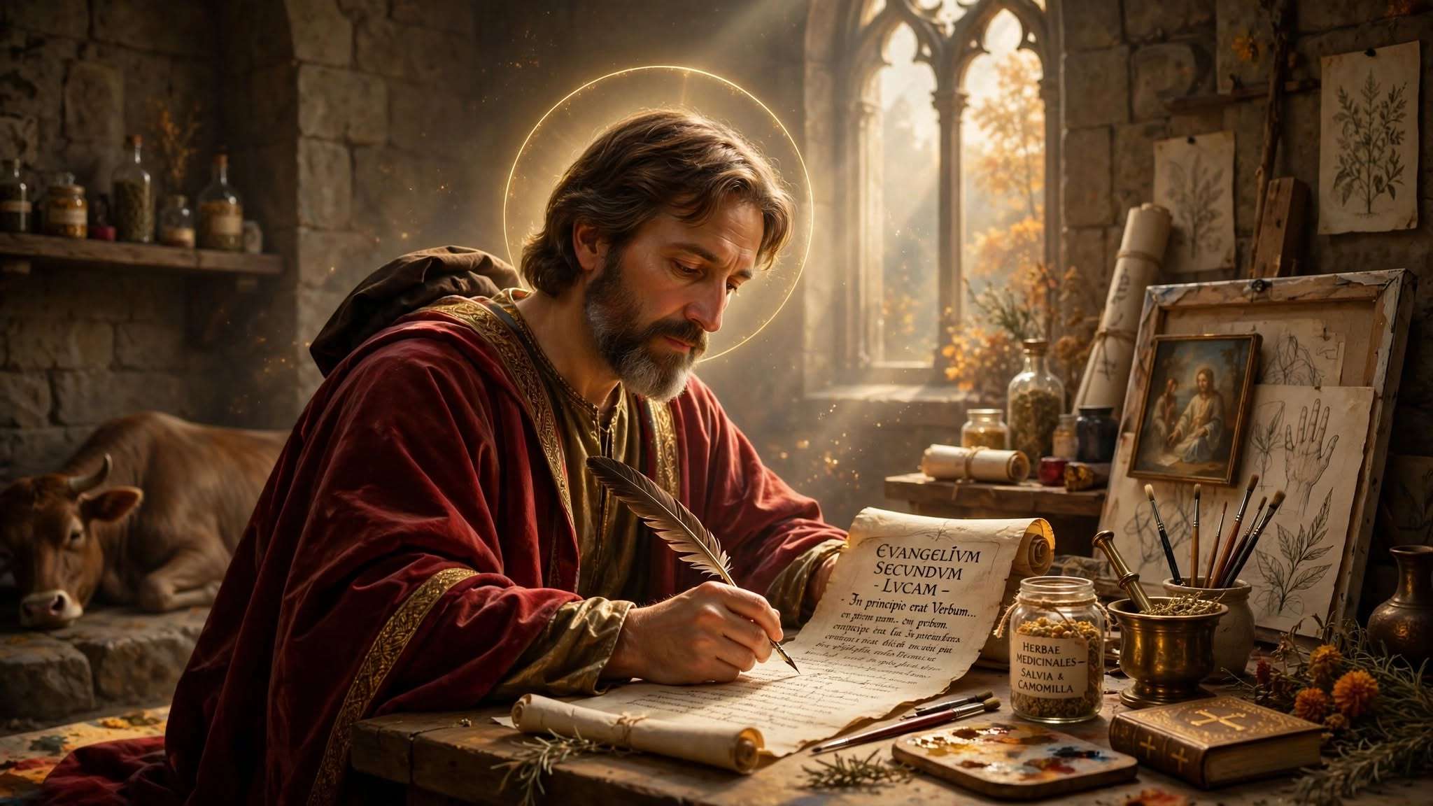 sveti luka u kamenom ateljeu, pero nad svitkom evangelium secundum lucam, ljekovito bilje, kistovi i blagi aureol meta ai foto