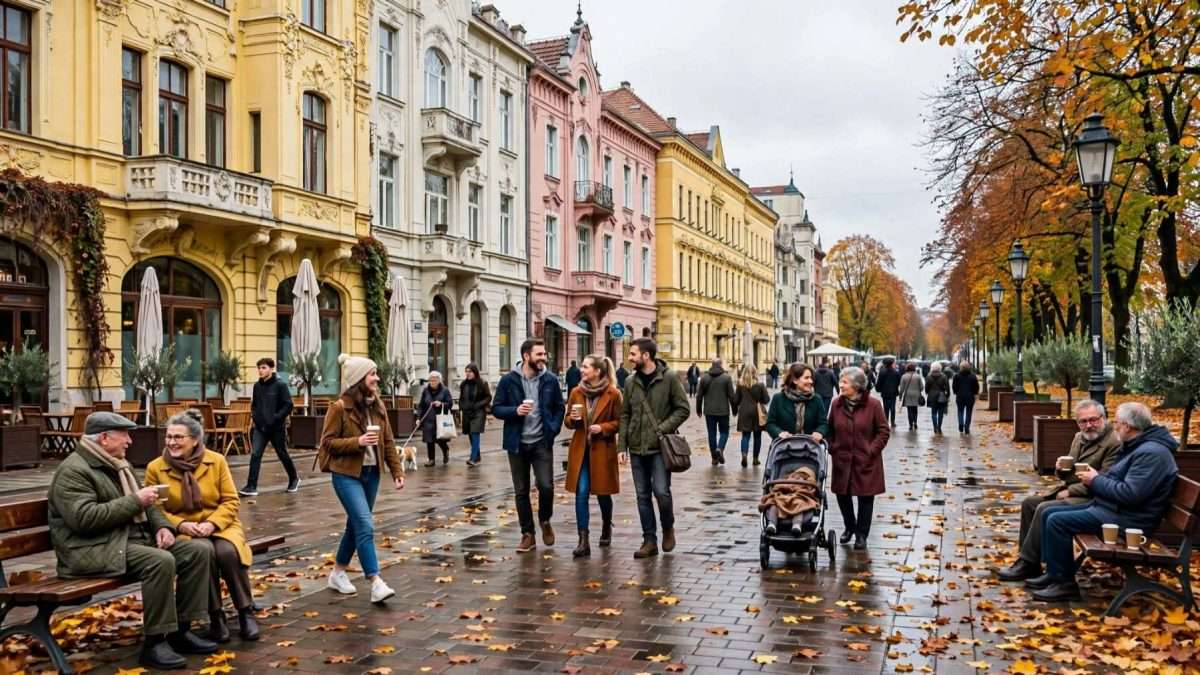 topla svakodnevica korza nakon kiše, kava na klupama, obitelji, mladi i stariji u šetnji, lišće na mokrom pločniku i secesijska pročelja mera ai