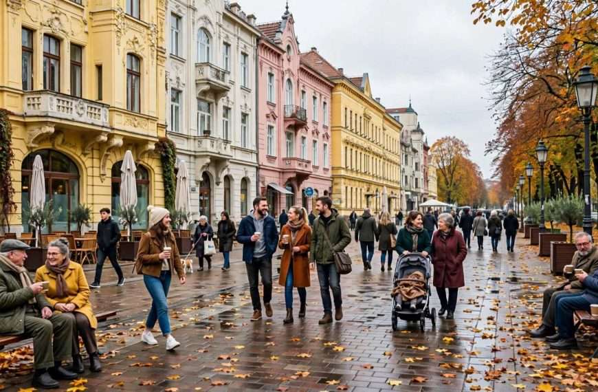 topla svakodnevica korza nakon kiše, kava na klupama, obitelji, mladi i stariji u šetnji, lišće na mokrom pločniku i secesijska pročelja mera ai