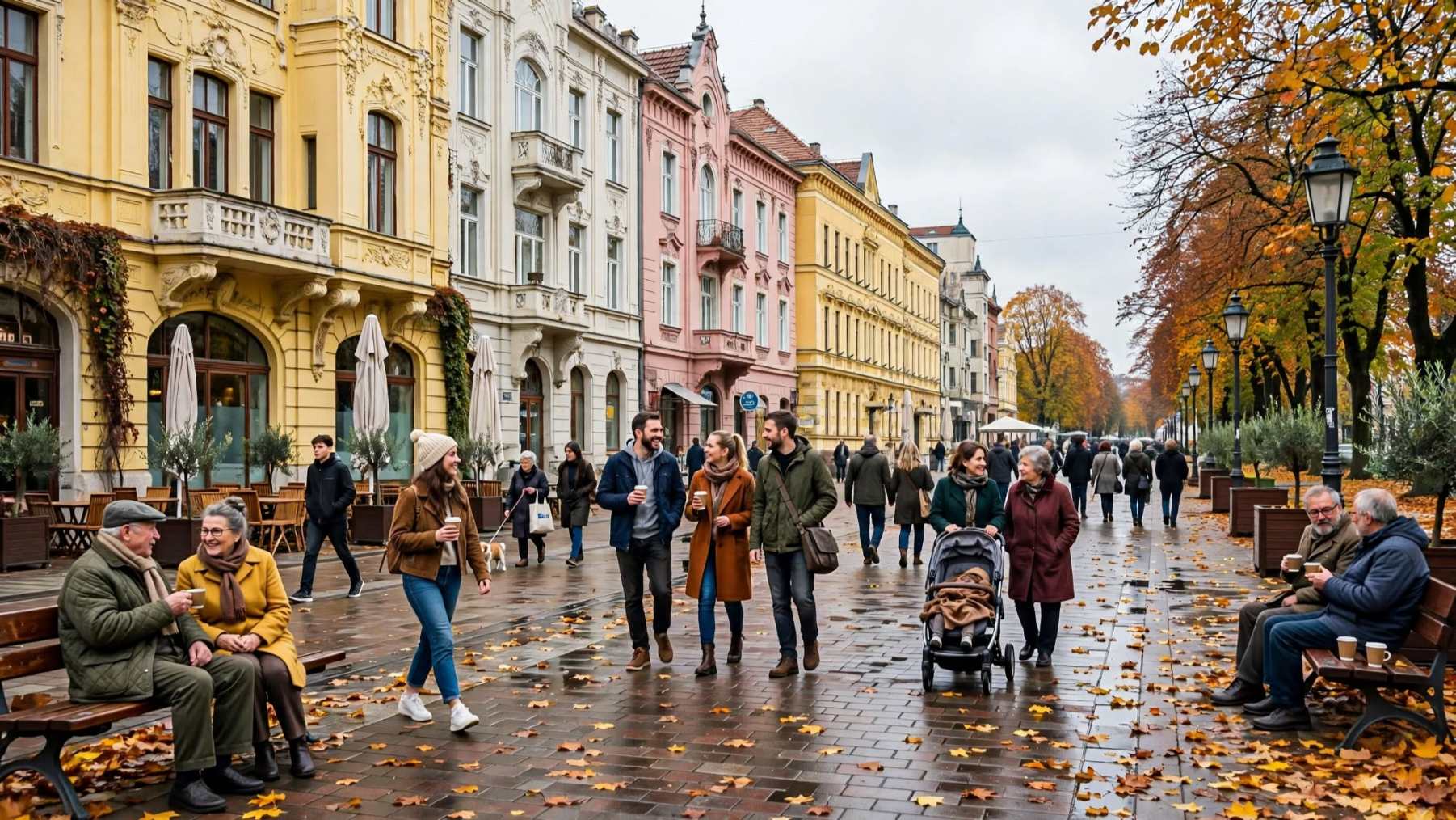 topla svakodnevica korza nakon kiše, kava na klupama, obitelji, mladi i stariji u šetnji, lišće na mokrom pločniku i secesijska pročelja mera ai