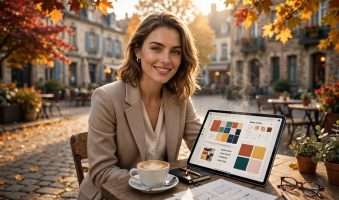 moderna poduzetnica na kamenom trgu, tablet s kolor sustavom i latte art meta ai foto