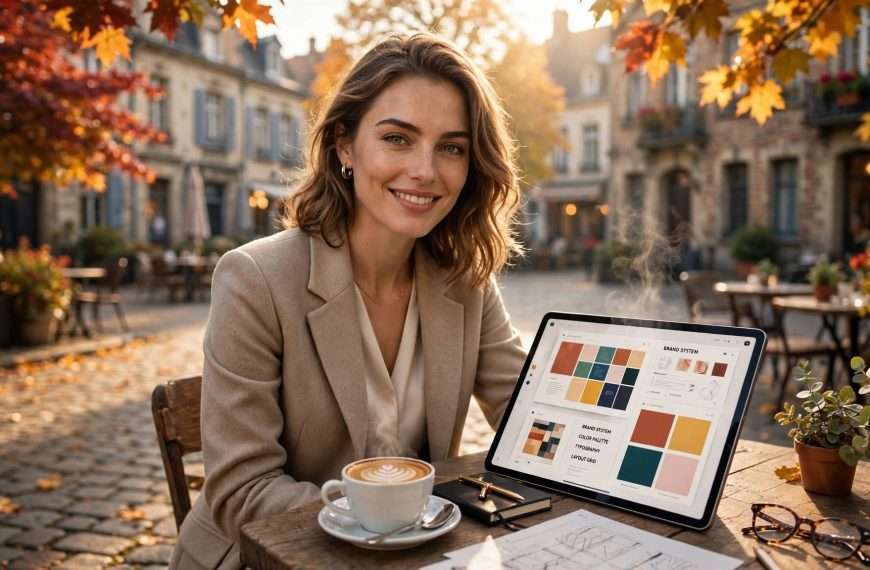 moderna poduzetnica na kamenom trgu, tablet s kolor sustavom i latte art meta ai foto