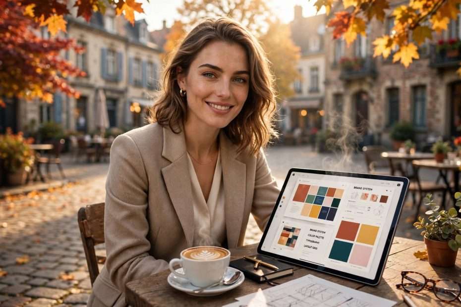 moderna poduzetnica na kamenom trgu, tablet s kolor sustavom i latte art meta ai foto