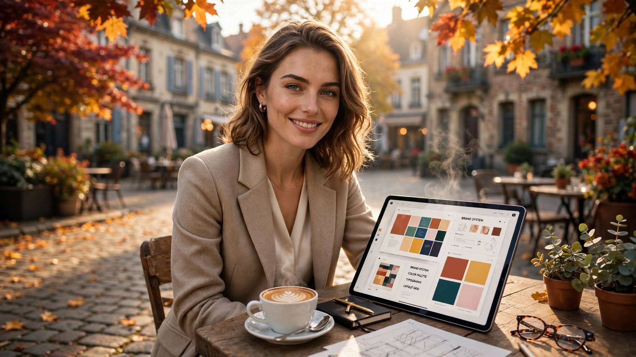 moderna poduzetnica na kamenom trgu, tablet s kolor sustavom i latte art meta ai foto