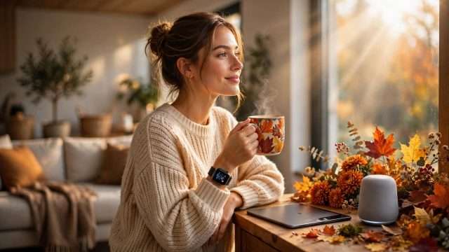 pametni sat, šarena keramička šalica s lišćem, premium tablet i smart speaker meta ai foto