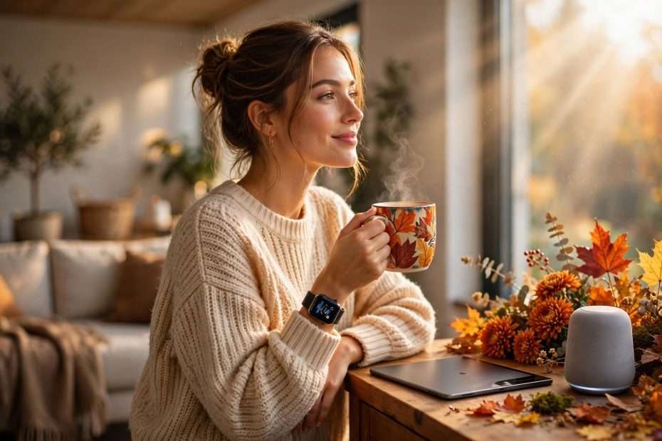 pametni sat, šarena keramička šalica s lišćem, premium tablet i smart speaker meta ai foto