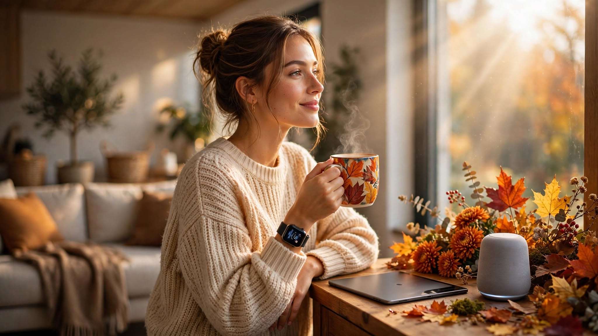 pametni sat, šarena keramička šalica s lišćem, premium tablet i smart speaker meta ai foto