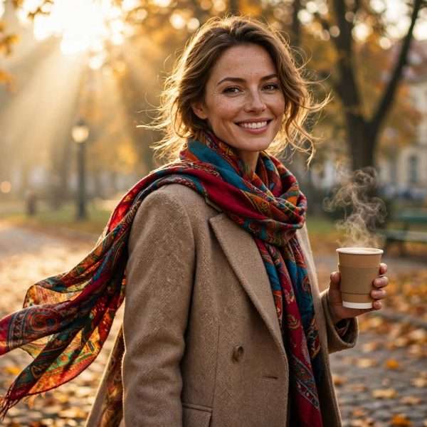 zagrebačka aleja u zlatu, dugi vuneni kaput, šareni šal u letu i kava koja se puši na jutarnjem suncu meta ai foto