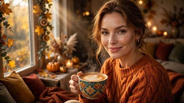 ženska estetika u punom sjaju topla narančasta pletenina, šarena keramička šalica s latte artom meta ai foto