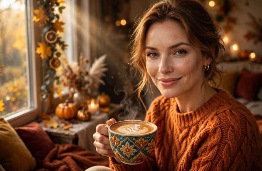 ženska estetika u punom sjaju topla narančasta pletenina, šarena keramička šalica s latte artom meta ai foto