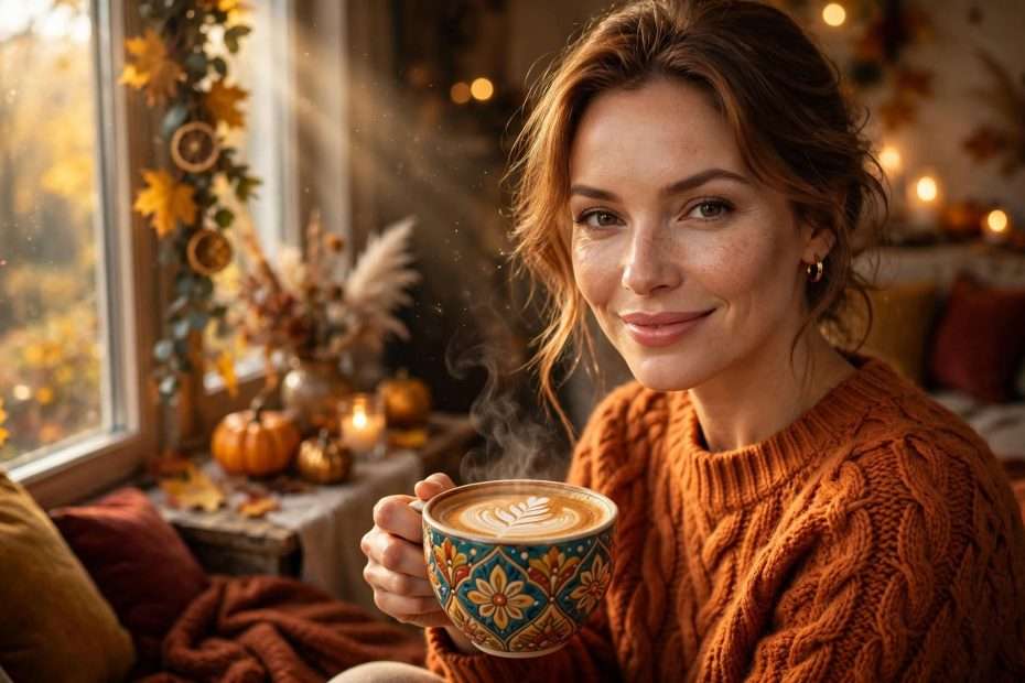 ženska estetika u punom sjaju topla narančasta pletenina, šarena keramička šalica s latte artom meta ai foto